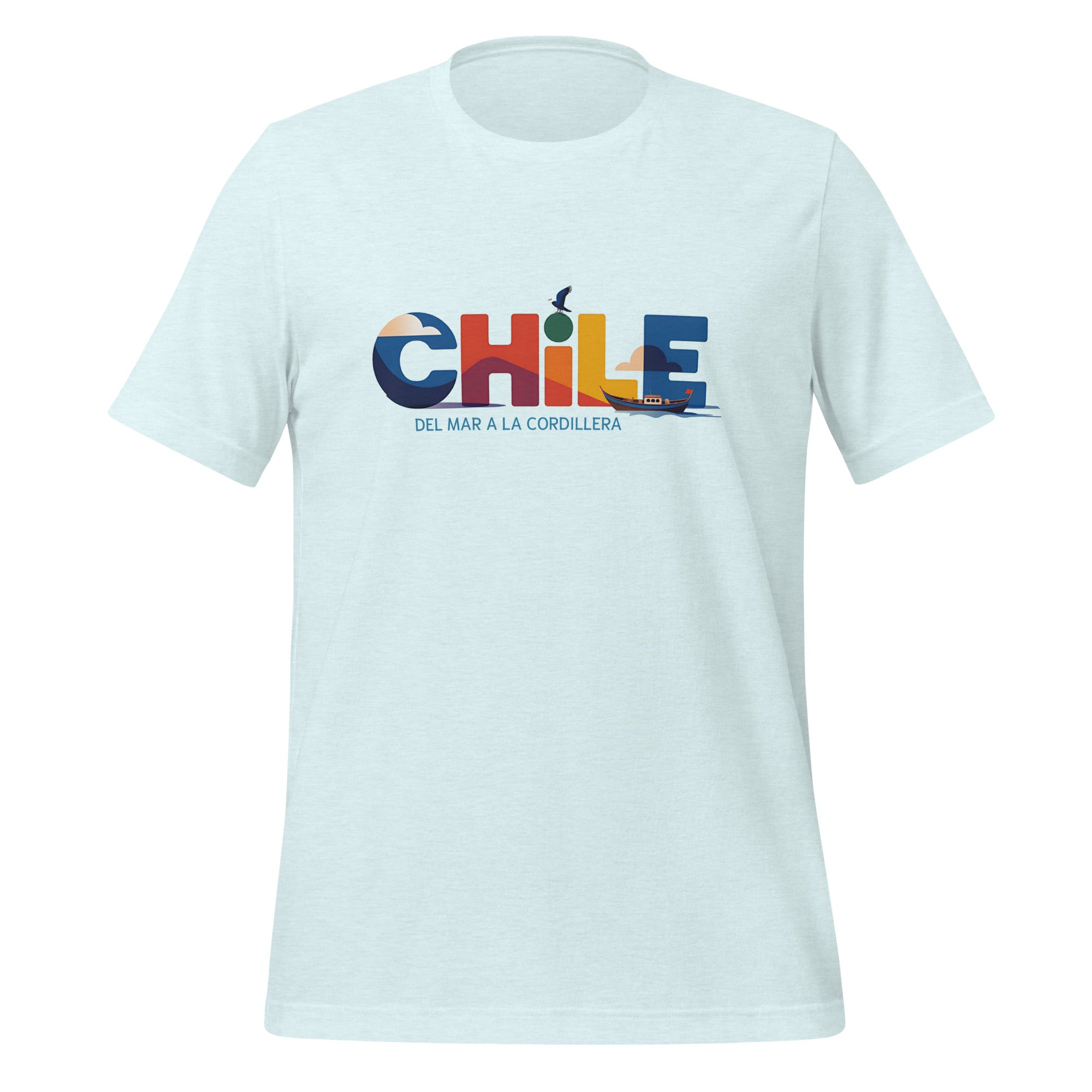 T-shirt con diseño colorido del país Chile con texto “Chile – Del Mar a la Cordillera”.